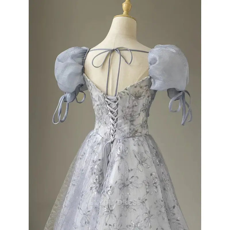 A Line Cute Puff Sleeves Blue Floral Printed Long formal dresses Bridesmaid Dresses evening gown Prom Dress